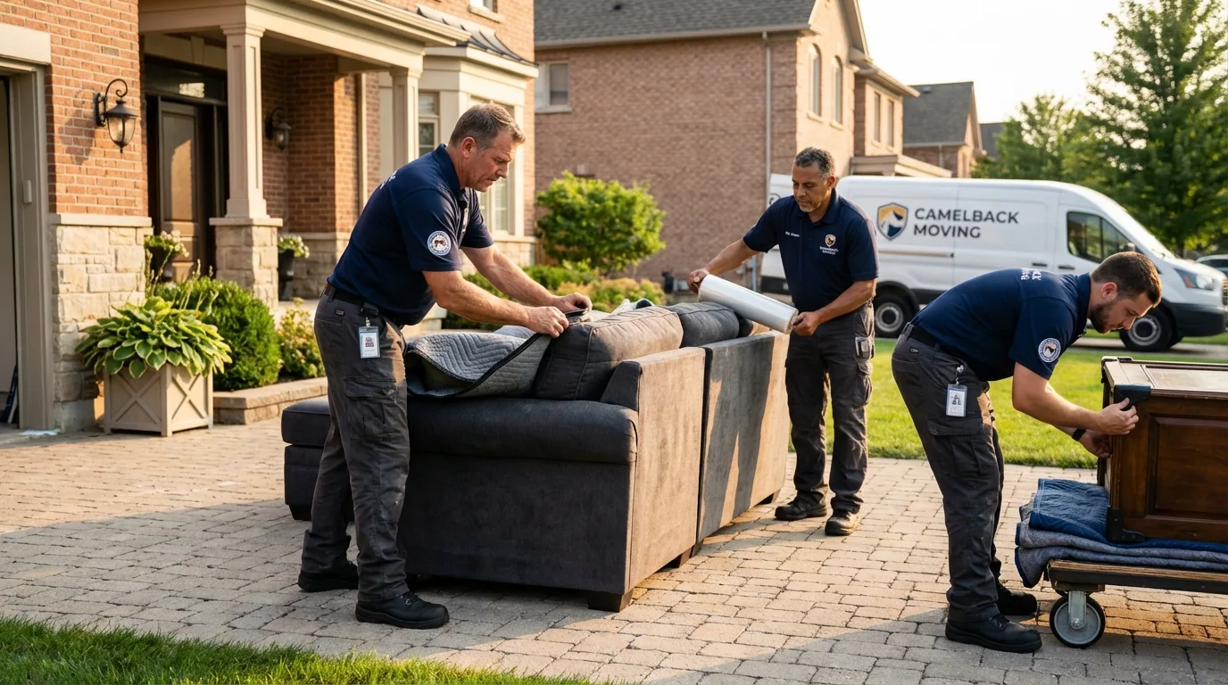 Large estate moving crew wrapping furniture in New Haven, CT