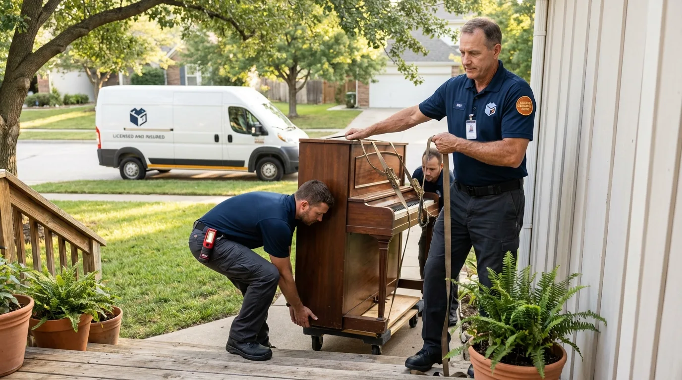 Licensed piano movers securing grand piano in New Haven, CT