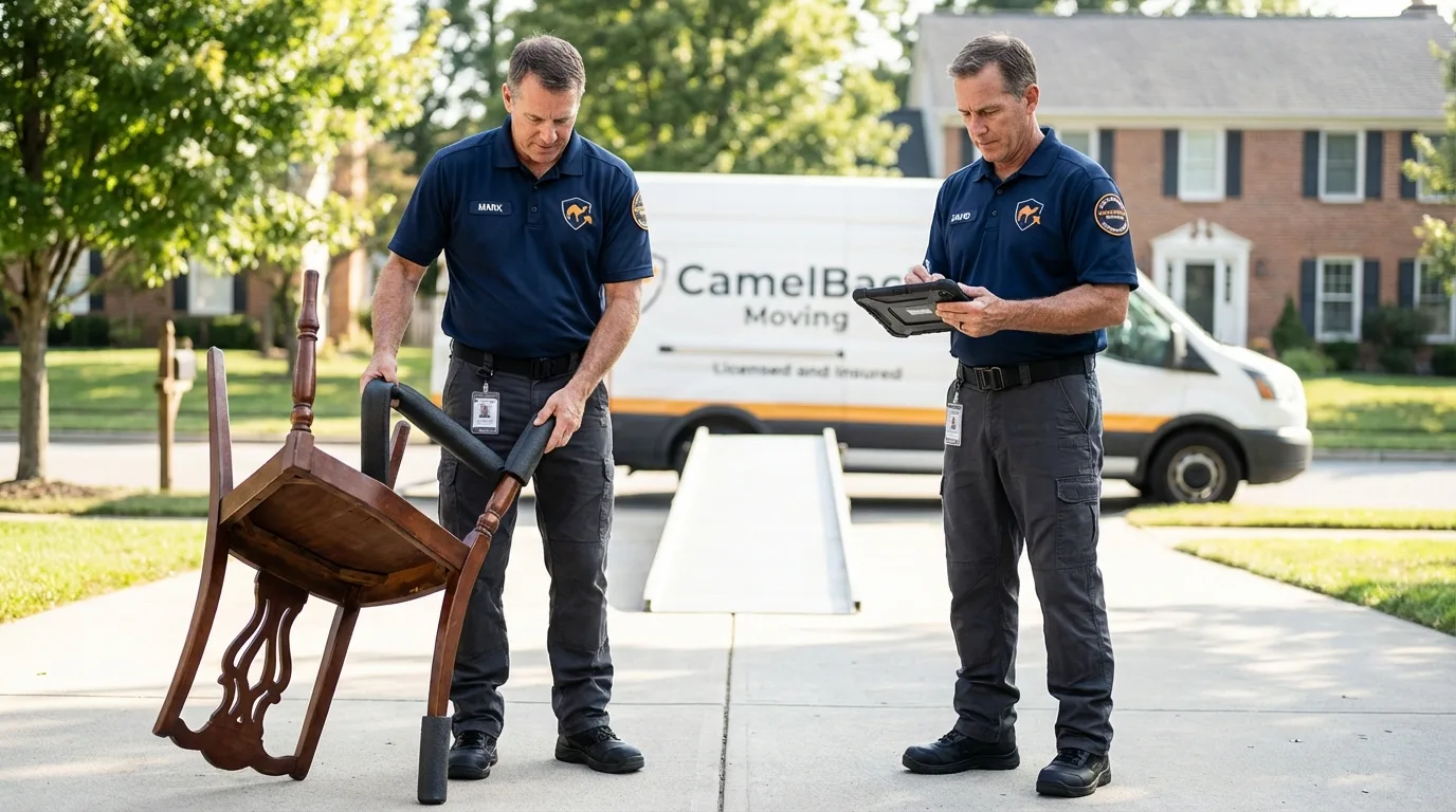Movers inspecting furniture for damage prevention before loading in New Haven, CT