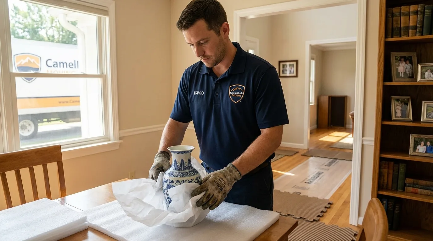 Professional crew carefully wrapping antique vase for senior downsizing move in New Haven, CT